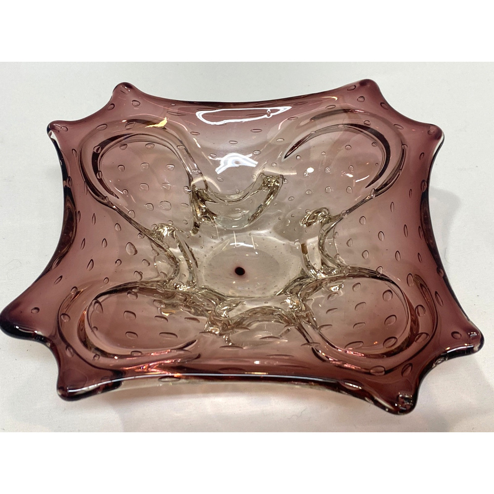 Italian Murano Art Glass Bullicante Bowl Dish Purple Plum Controlled Bubbles